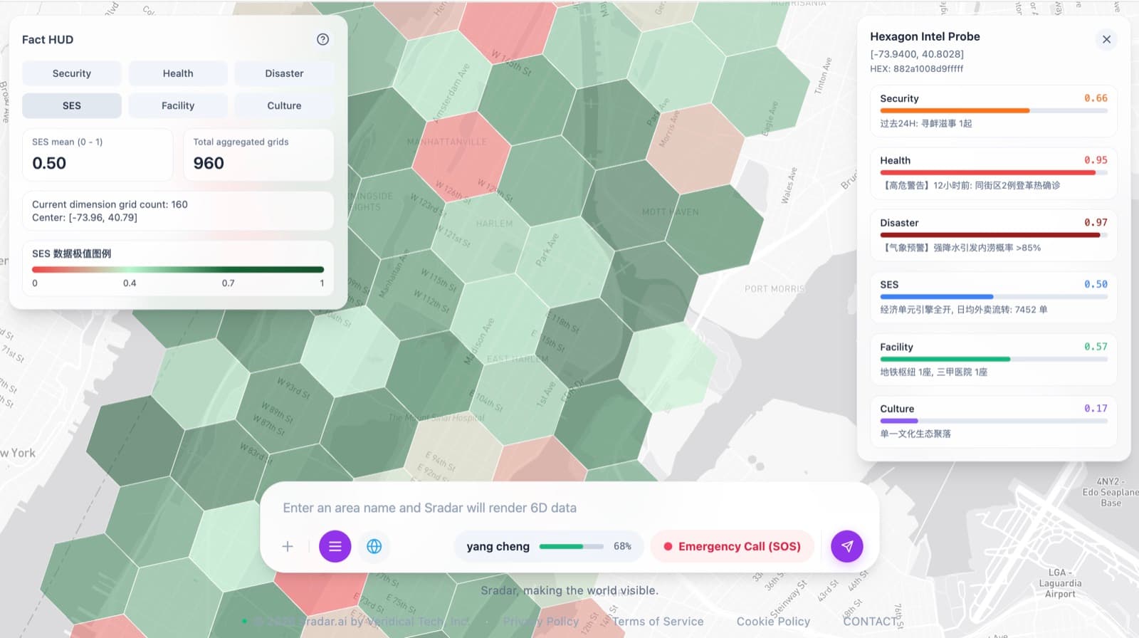 Sradar.ai — H3 hexagonal map with 6D spatial data overlay