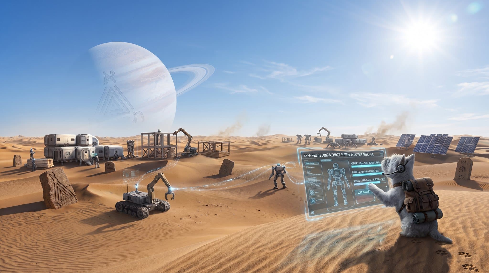 A sunlit desert base camp where AI bots build and work together — a dog operator injects long-memory modules through a holographic interface