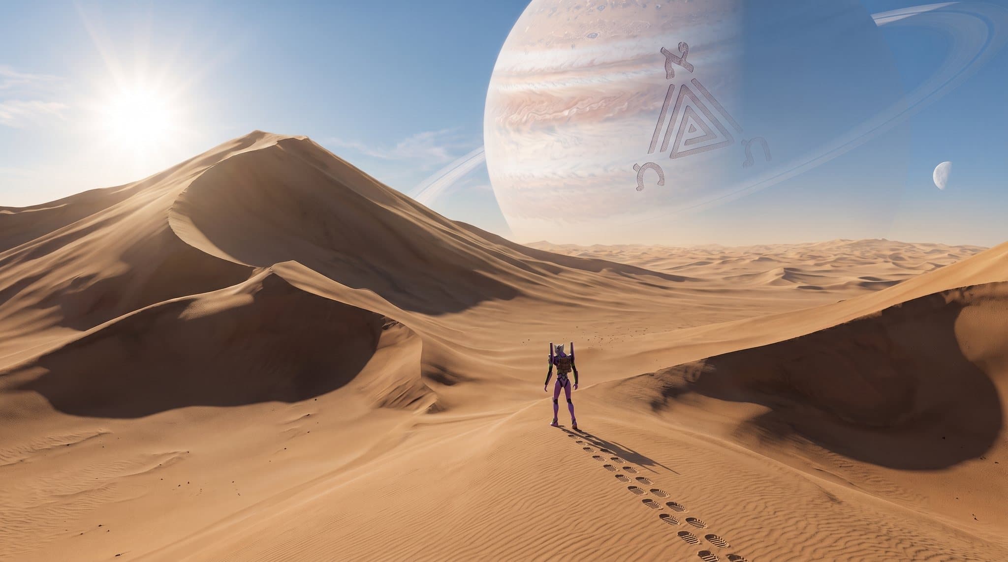 A lone robot crossing a golden desert toward a giant planet marked with the triangle and Hebrew letters — the terminus of the arc