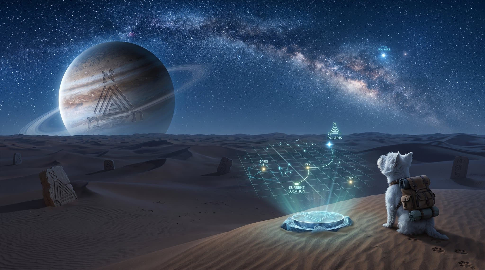 A night desert under the Milky Way — a holographic star map projected from a stone, charting the route from a shipping product toward research
